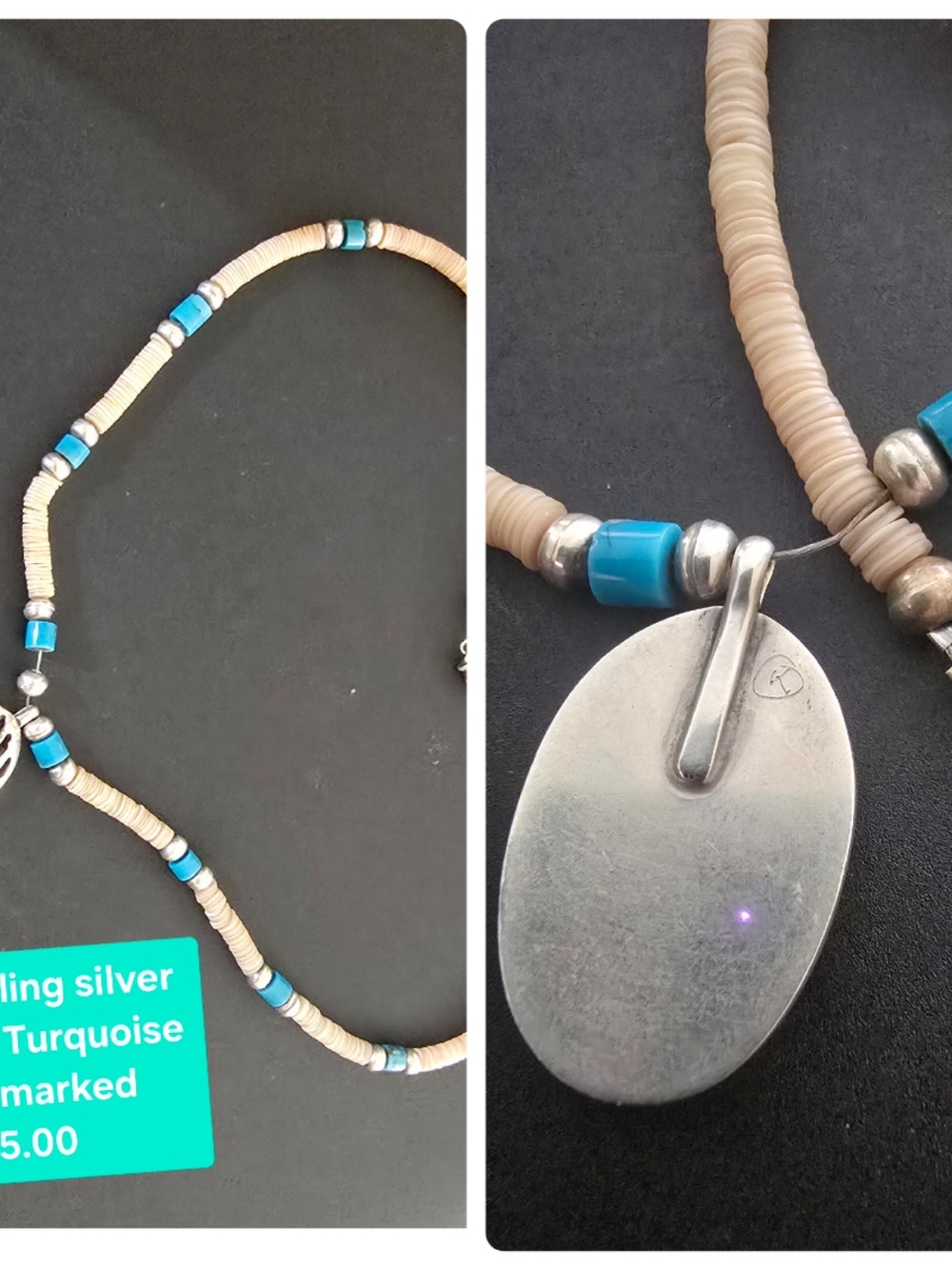Turquoise Bead and Silver Pendant Necklace - Blue and Cream